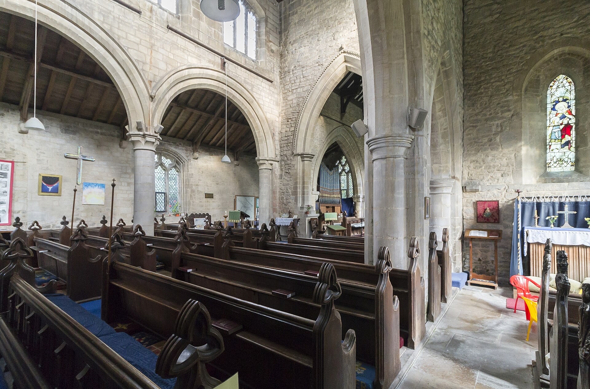 Wooden pews in a church interior